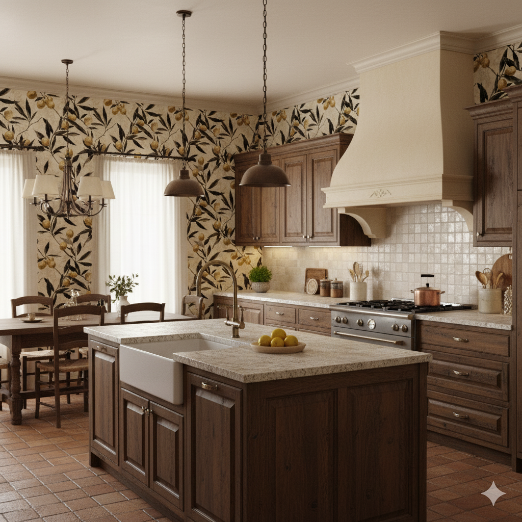 Golden Citra wallpaper with lemon tree pattern covering the walls, from Brewster Home Fashions, in a traditionally styled kitchen.