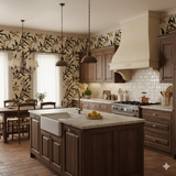 Golden Citra wallpaper with lemon tree pattern covering the walls, from Brewster Home Fashions, in a traditionally styled kitchen.