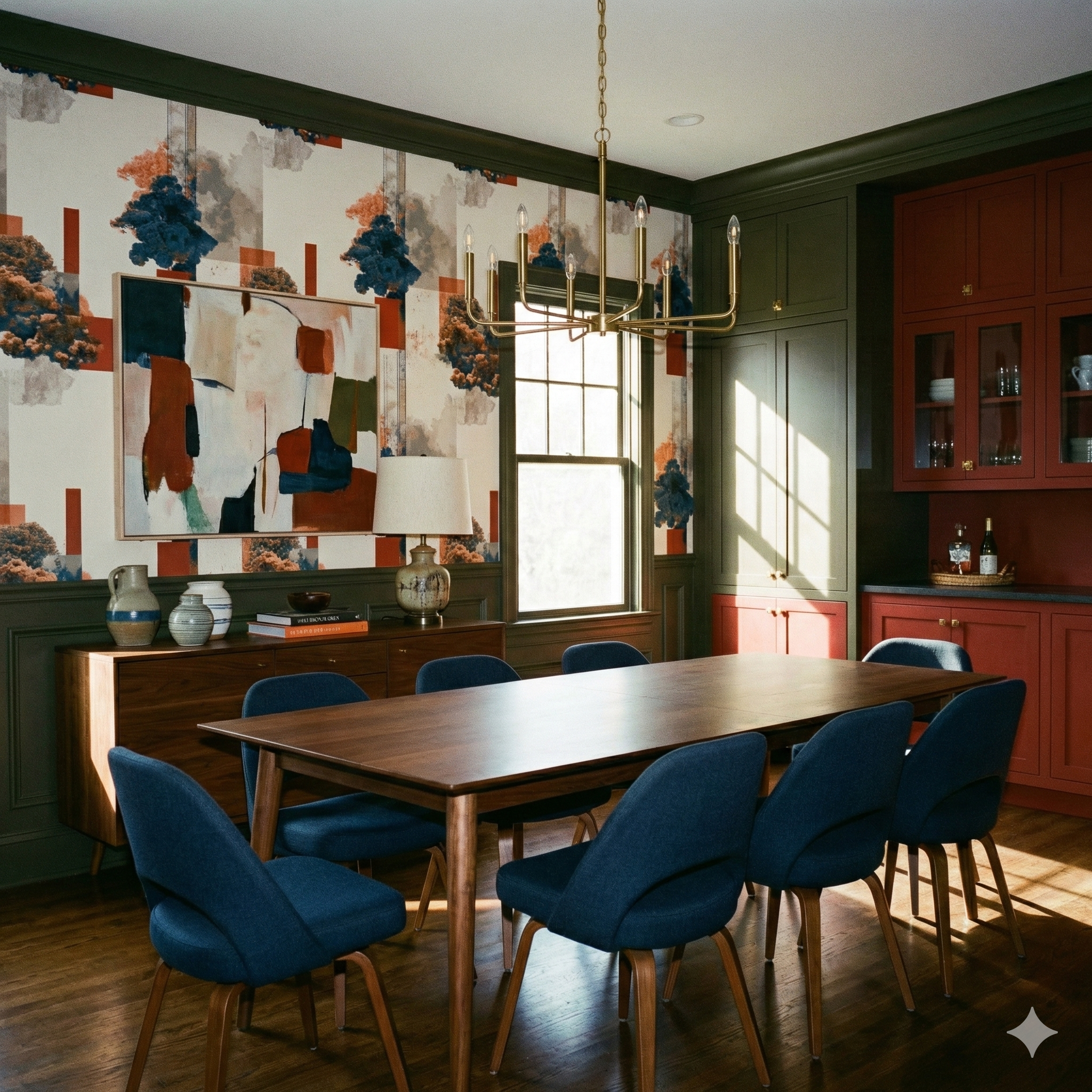 Patterned wallpaper by Saltfire, featuring blue and orange trees and geometric shapes on a white background, in a dining room setting.
