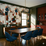 Patterned wallpaper by Saltfire, featuring blue and orange trees and geometric shapes on a white background, in a dining room setting.