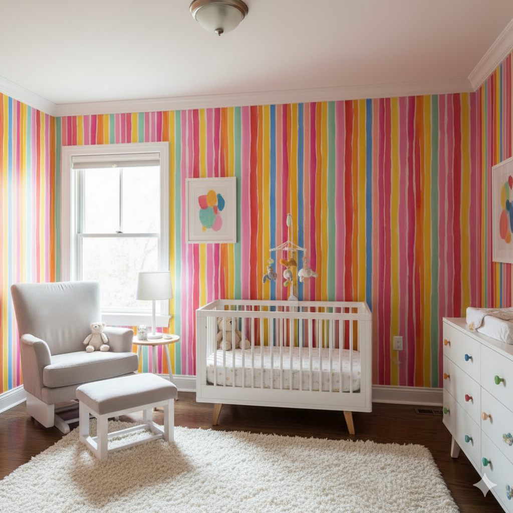 Colorful striped Prism Parade Wallpaper, from York Wallcoverings, in a baby room with bright stripes.
