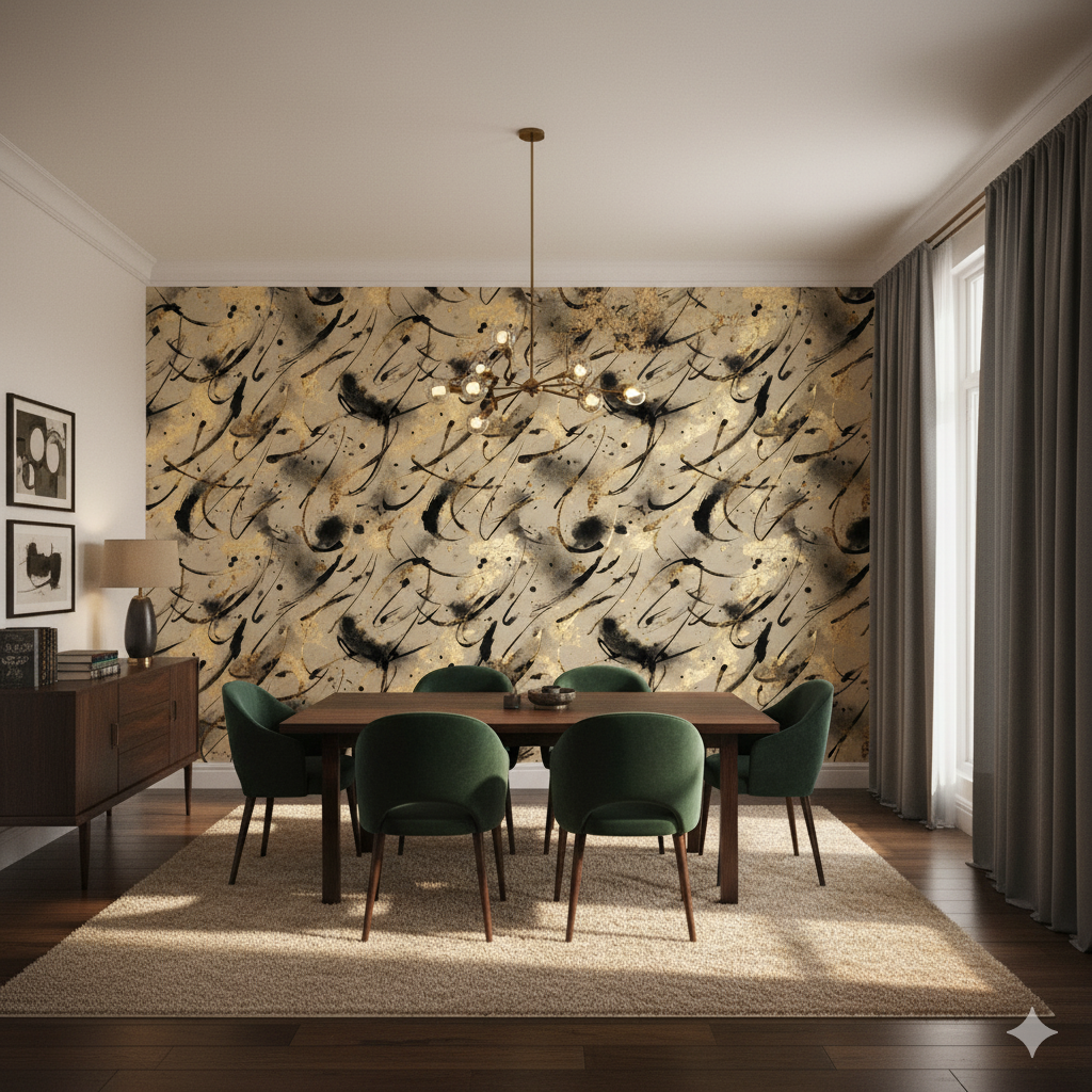 Kinetic Script Wallpaper featuring gold and black abstract patterns on a cream-colored backdrop.