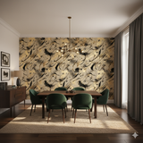 Kinetic Script Wallpaper featuring gold and black abstract patterns on a cream-colored backdrop.
