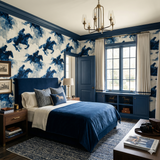 Indigo Steeplechase Wallpaper featuring a horse racing pattern, with a beautiful, deep blue palette.
