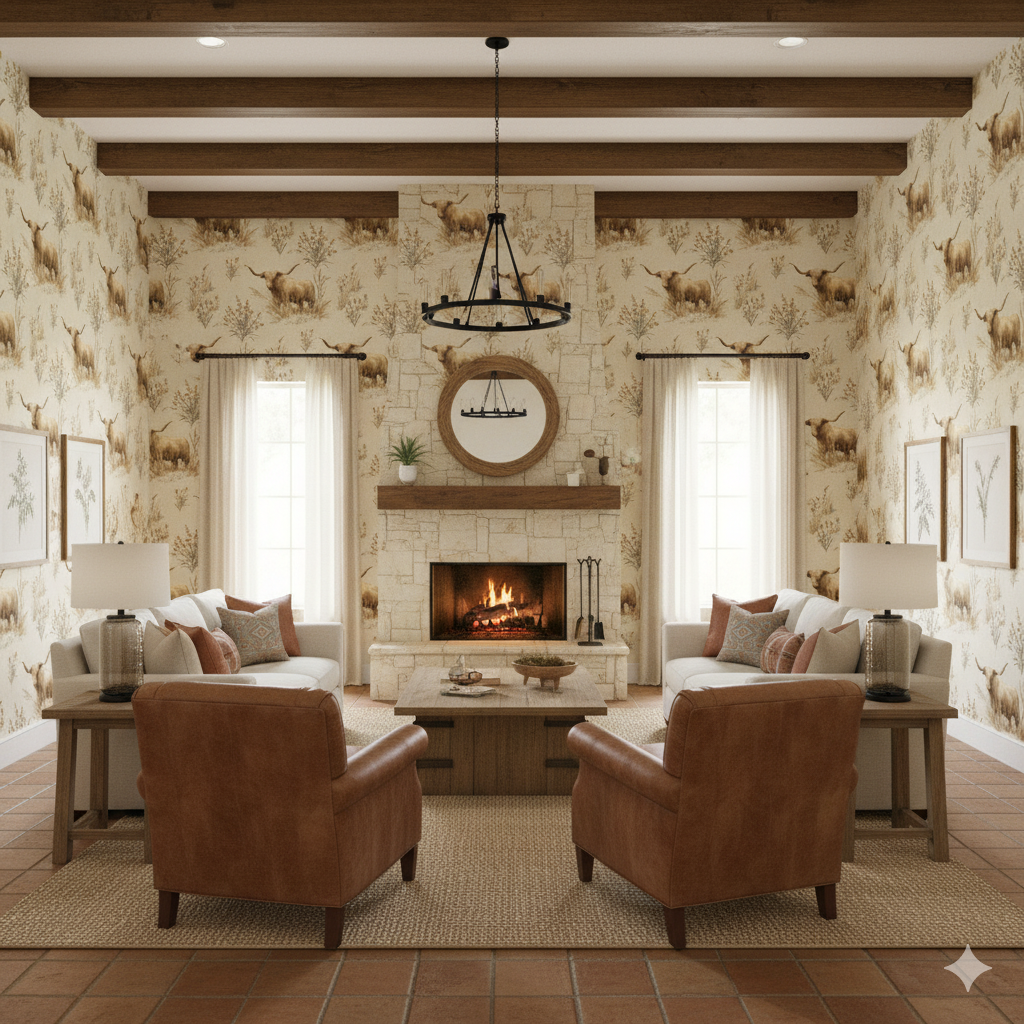 High Plains Longhorn wallpaper with bovine print pattern, covering the walls of a cozy living room.