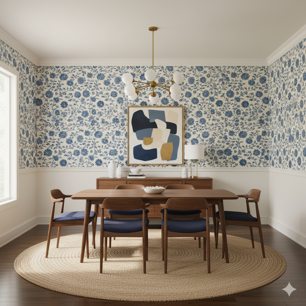 Indigo Dhalia wallpaper with floral pattern on the wall, creating a vintage, nature-inspired look.
