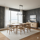 Obsidian Reed Wallpaper with a vertical textured pattern, displayed in a dining room setting.
