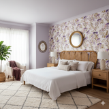 Violet Fête wallpaper featuring a floral and bow pattern, with purple, white, and gold accents.