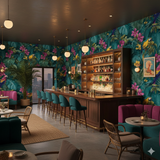Tropical Parrot Bay Wallpaper featuring floral and parrot accents on a vibrant teal backdrop.