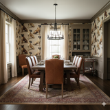 Dog-patterned Kingdom of Sol Wallpaper featuring repeating dog figures, displayed in a dining room setting.