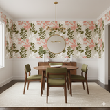 Botanical Coralwood Wallpaper with leaves and floral pattern, styled in a dining room.