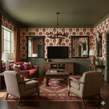 Ciderfolk wallpaper featuring a red floral design on a light beige background, covering the walls of a decorated living room.
