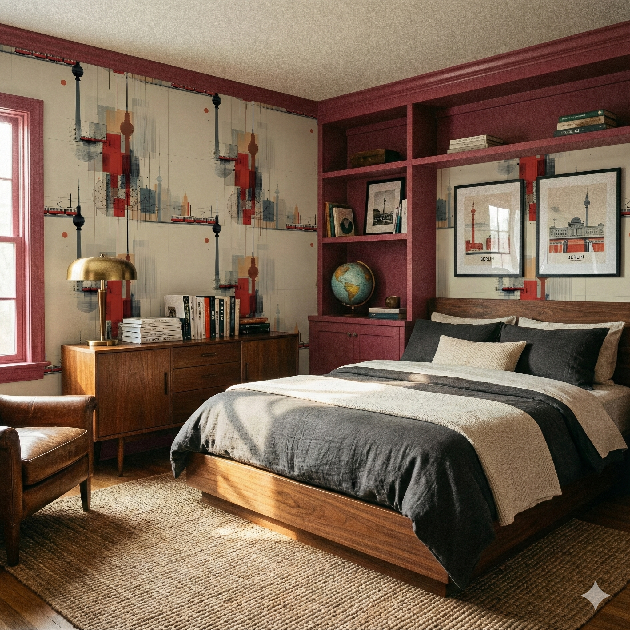 Patterned Unterstadt Schema Wallpaper by York Wallcoverings with an abstract Berlin city scene in red, grey, and beige.
