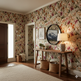 Floral print wallpaper with a neutral background featuring botanical elements and painted textures.