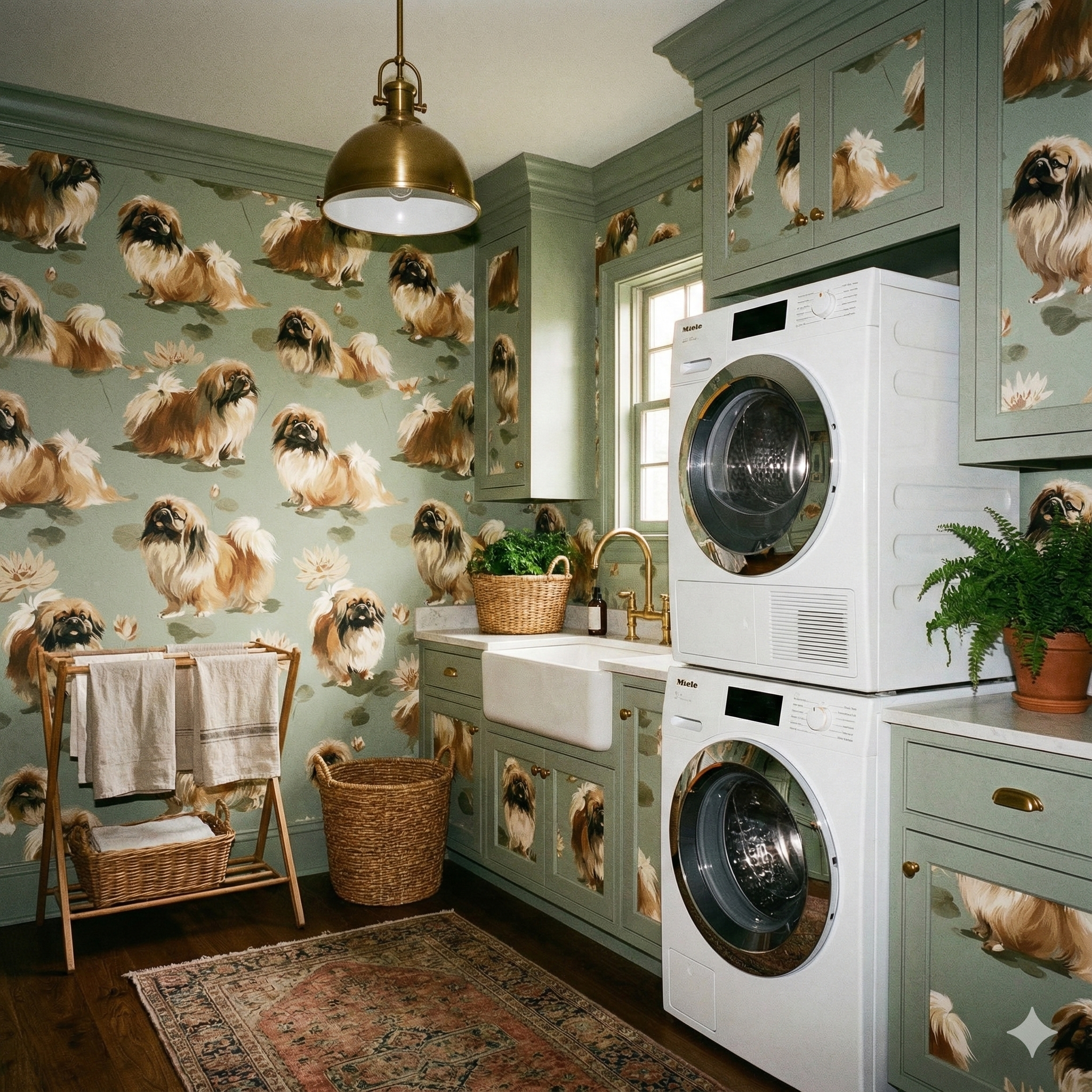 Lotus Court wallpaper with dog pattern on green background, covering the walls and cabinetry in a laundry room.