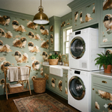 Lotus Court wallpaper with dog pattern on green background, covering the walls and cabinetry in a laundry room.