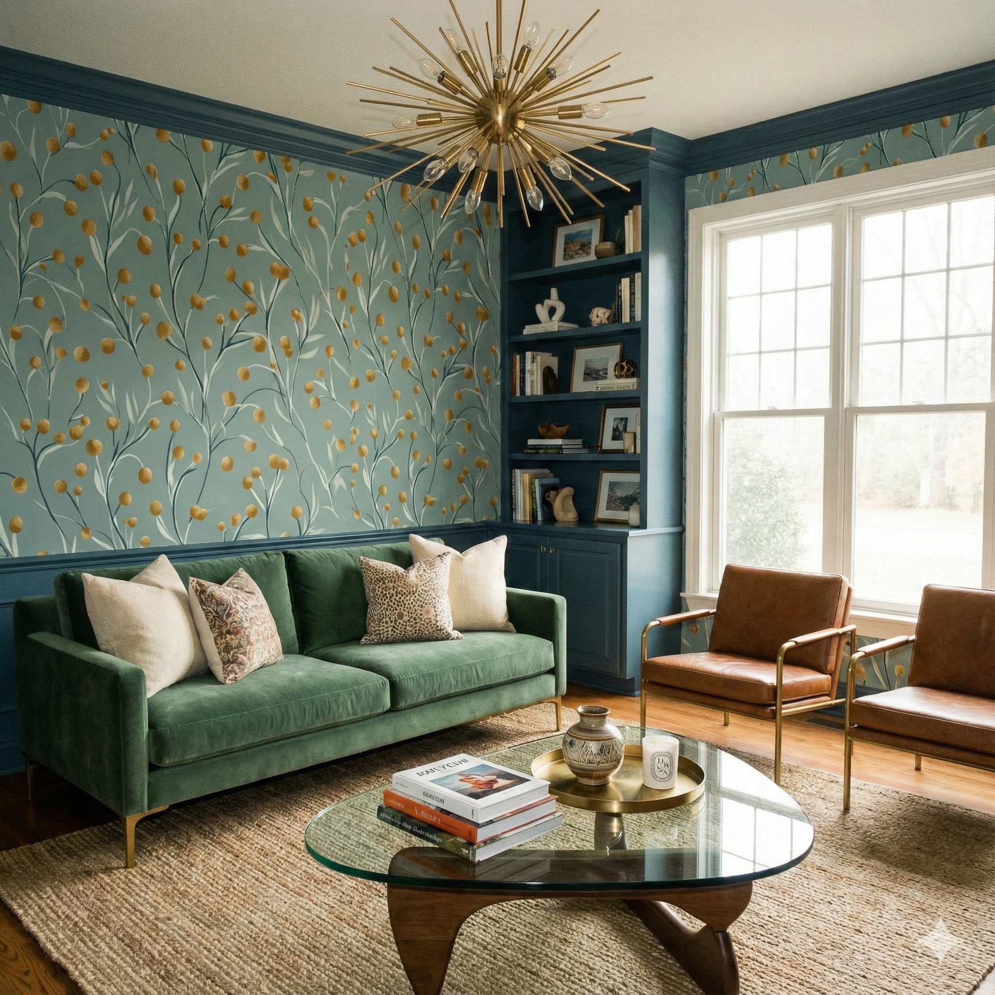 Botanical wallpaper with gold accents on a light blue background, featuring a stem pattern and texture.