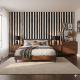 Black and white stripe wallpaper with vertical pattern, covering bedroom wall.
