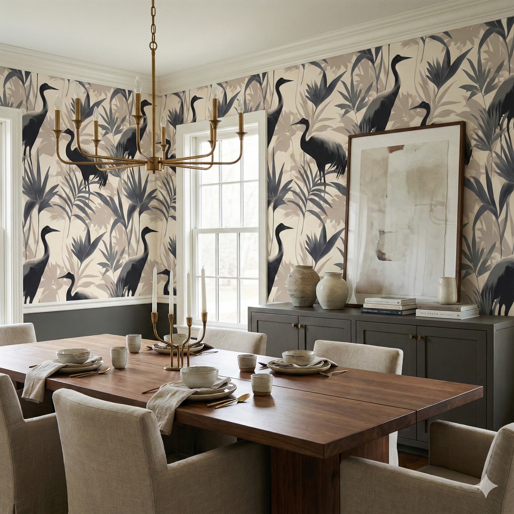 Neutral wallpaper with crane and palm pattern, Shadowmere Palms Wallpaper, in a dining room setting.
