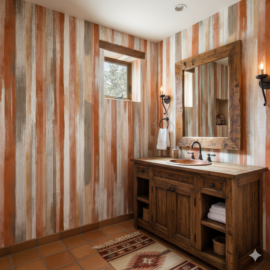 Canyon Graffiti Wallpaper with vertical stripe pattern on bathroom wall.
