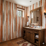 Canyon Graffiti Wallpaper with vertical stripe pattern on bathroom wall.
