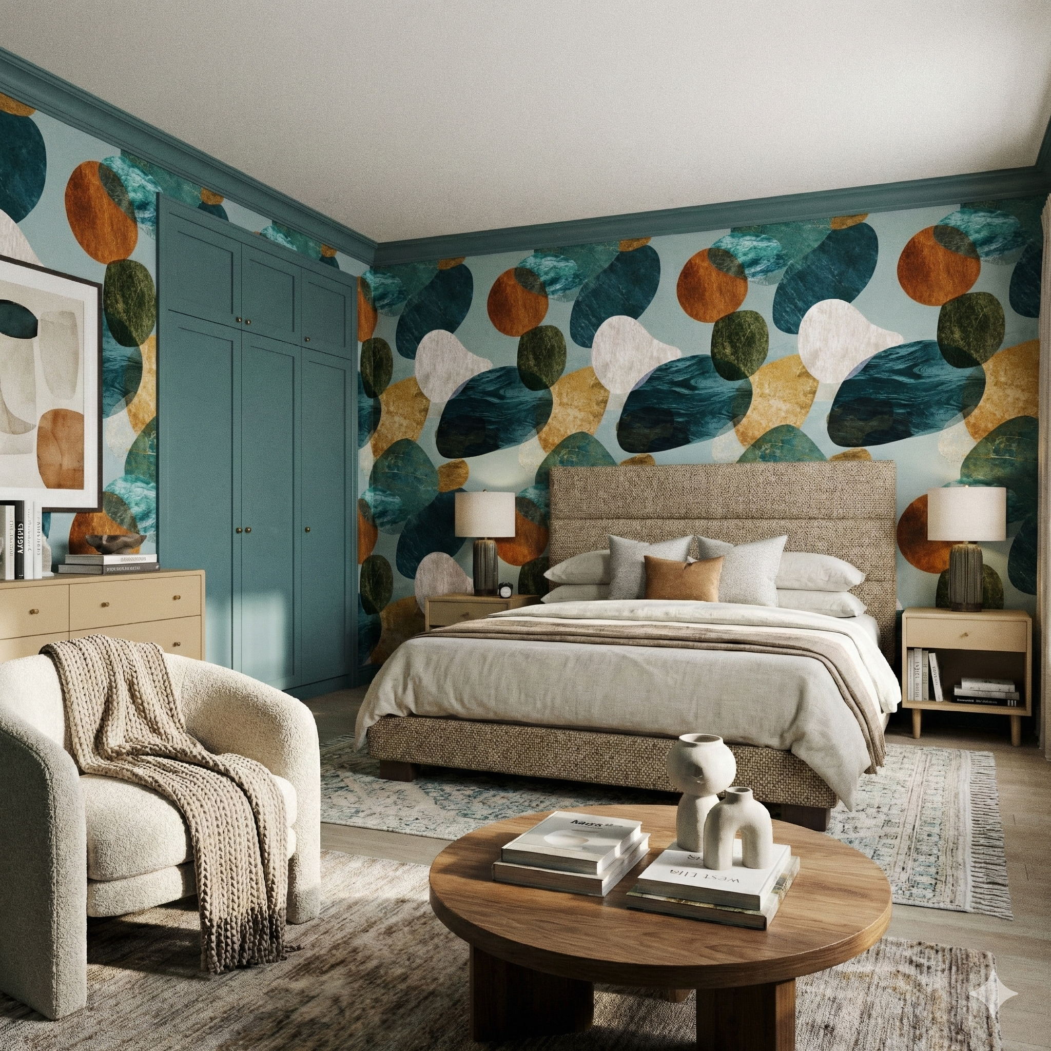 Patterned wallpaper with teal, brown, and white abstract shapes, from Tide & Tumble, in a styled bedroom setting.