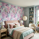Patterned Field Fragment Wallpaper with coral and purple shapes, covering a bedroom wall.
