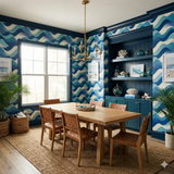 Deepwater Waltz Wallpaper with wave patterns in shades of blue and white.
