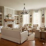 Boardwalk whisper wallpaper from Brewster Wallcovering covering the wall in a rustic, wood plank style.