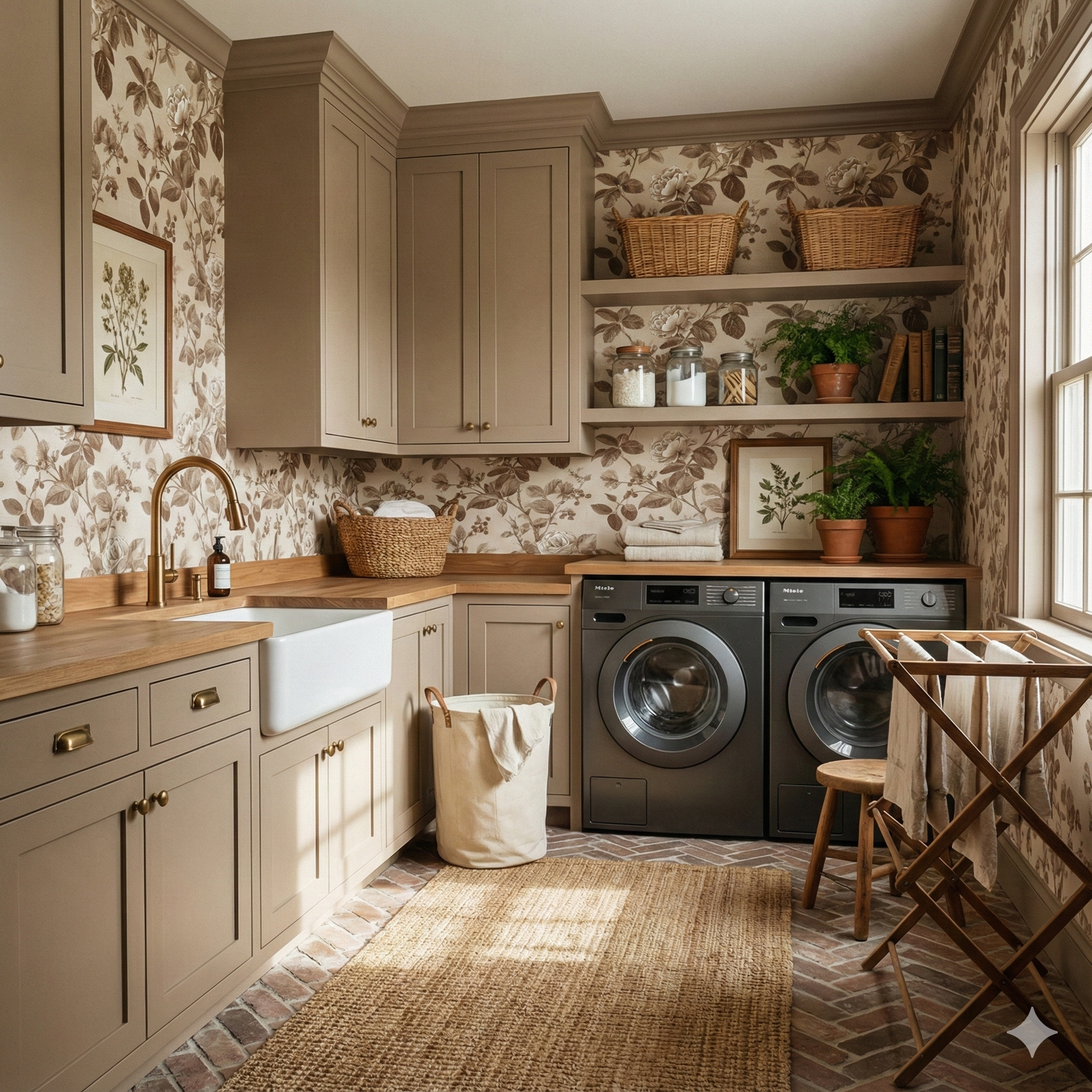 Botanical wallpaper with a floral pattern, featuring leaves and flowers, in a laundry room setting.