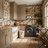 Botanical wallpaper with a floral pattern, featuring leaves and flowers, in a laundry room setting.