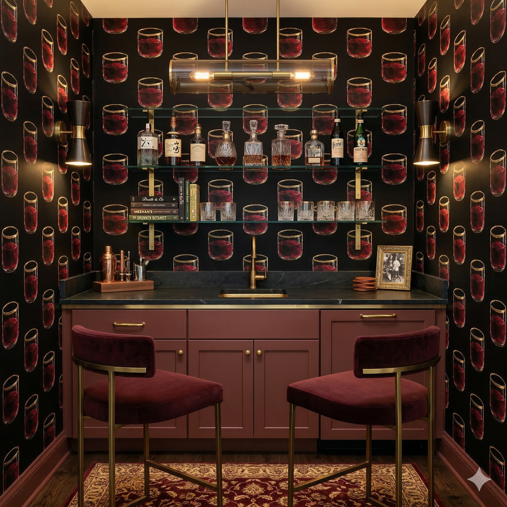 Crimson Reserve Wallpaper with cocktail glass pattern on a black background.
