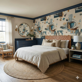 Nautilus Lounge wallpaper with nautical themes, featuring boats and coffee mugs, against a light cream background.
