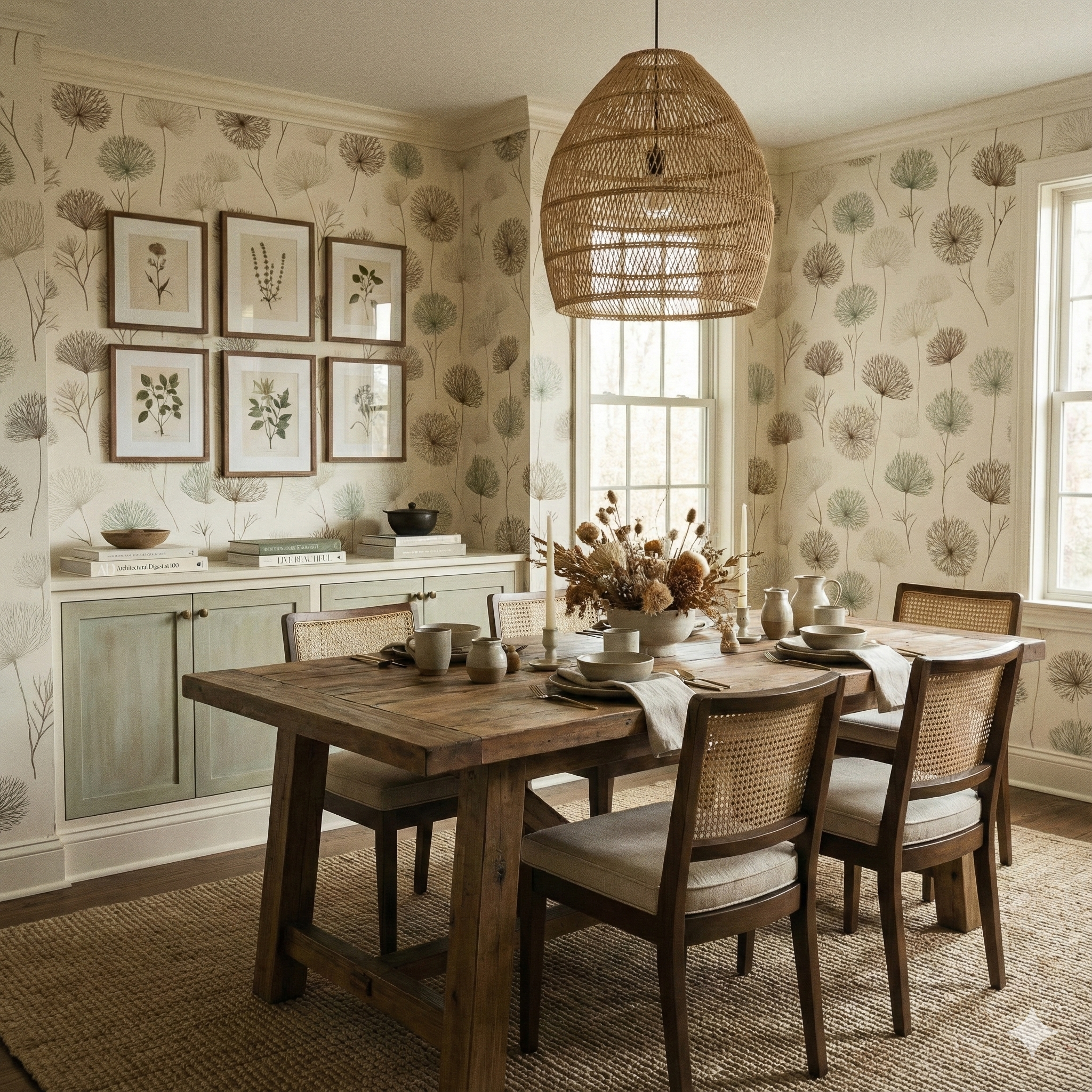 Larkspire Meadowdraft wallpaper with dandelion design, set in a dining room with wood table and tan rug.

