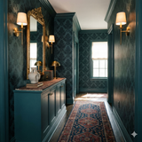 Caspian Shadow Damask Wallpaper with a dark teal damask pattern.