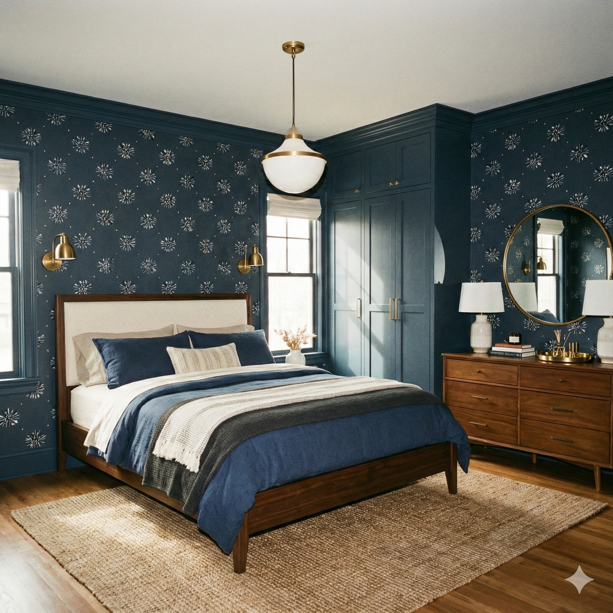 Navy floral pattern wallpaper by York Wallcoverings featuring an abstract botanical design on a deep blue backdrop.