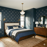Navy floral pattern wallpaper by York Wallcoverings featuring an abstract botanical design on a deep blue backdrop.