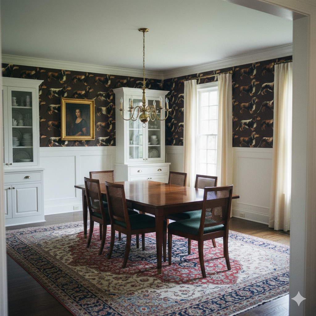 Brown patterned Brindle & Bourbon Wallpaper with an equestrian style design, covering the upper part of a traditional dining room.