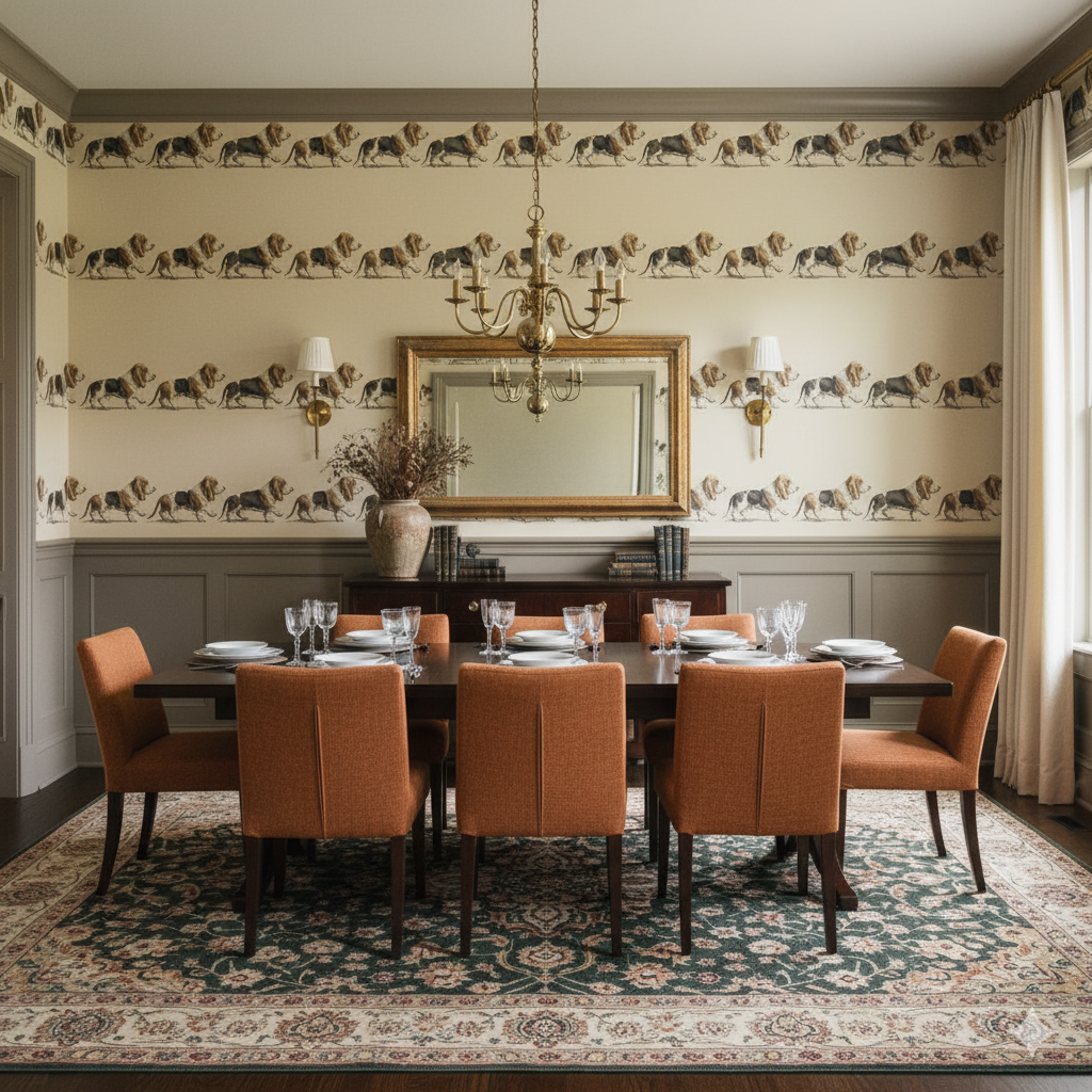 Harlow Parade wallpaper with rows of animal illustrations, above gray wainscoting in a dining room.
