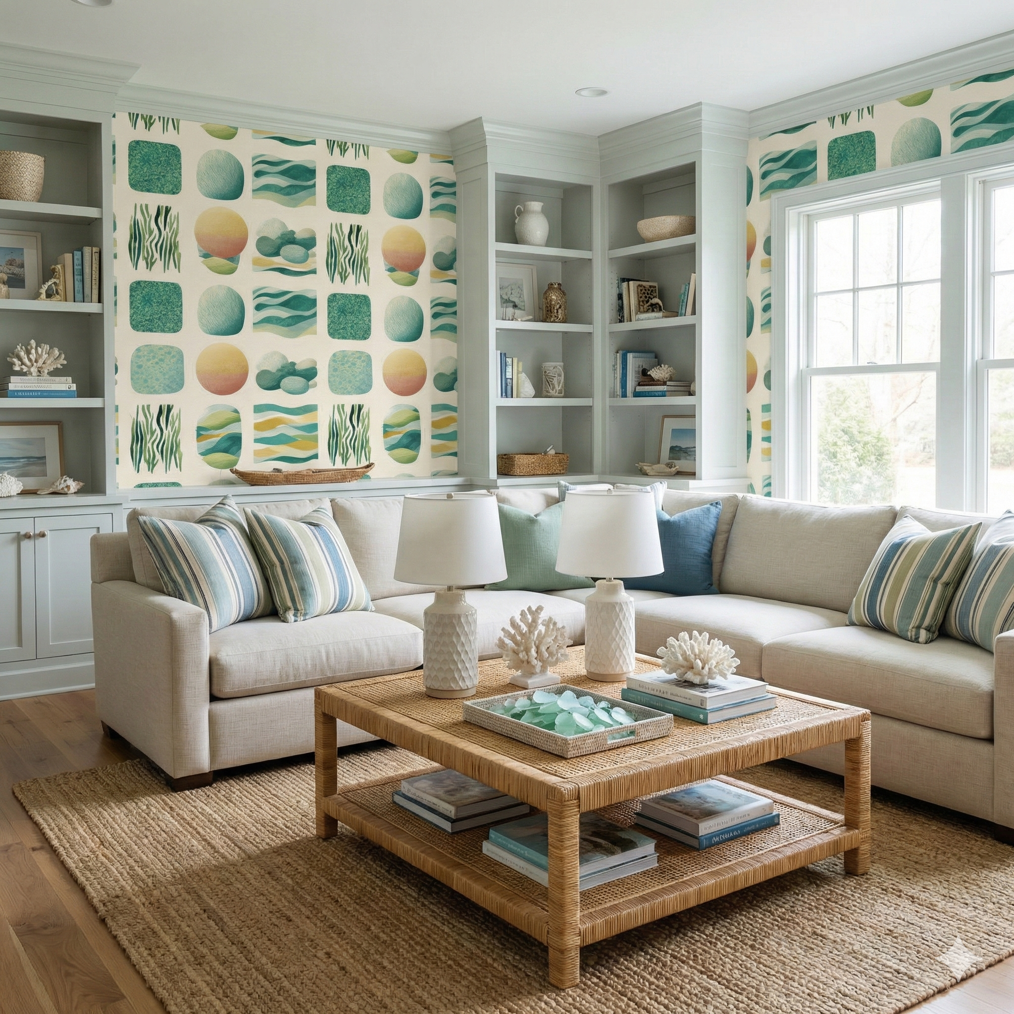 Tidal Array Wallpaper featuring sea motifs on a soft cream background.
