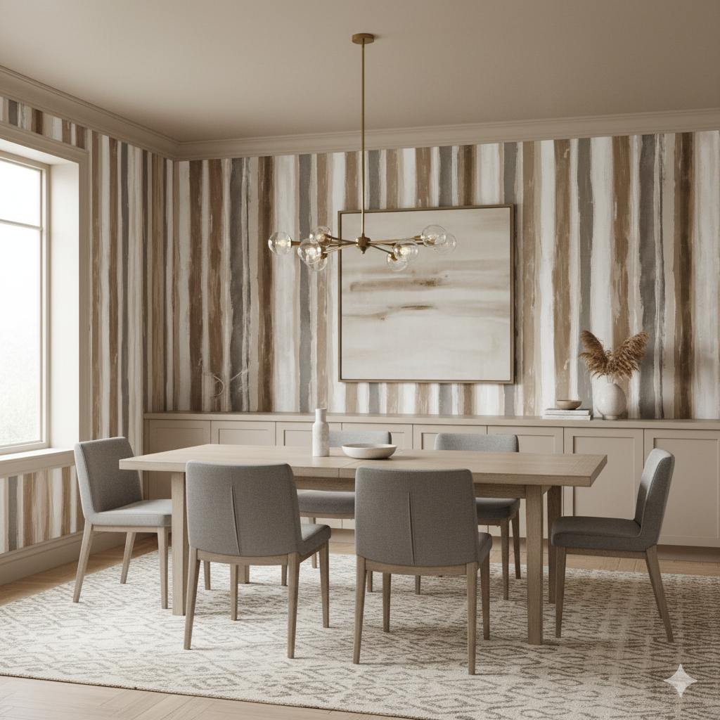 Vertical striped wallpaper, canyon wash style, with neutral, brown, and gray tones.