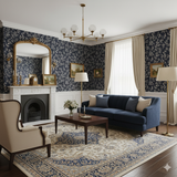 Astral Vine wallpaper with blue and white leaves, covering the walls in a traditionally styled living room.
