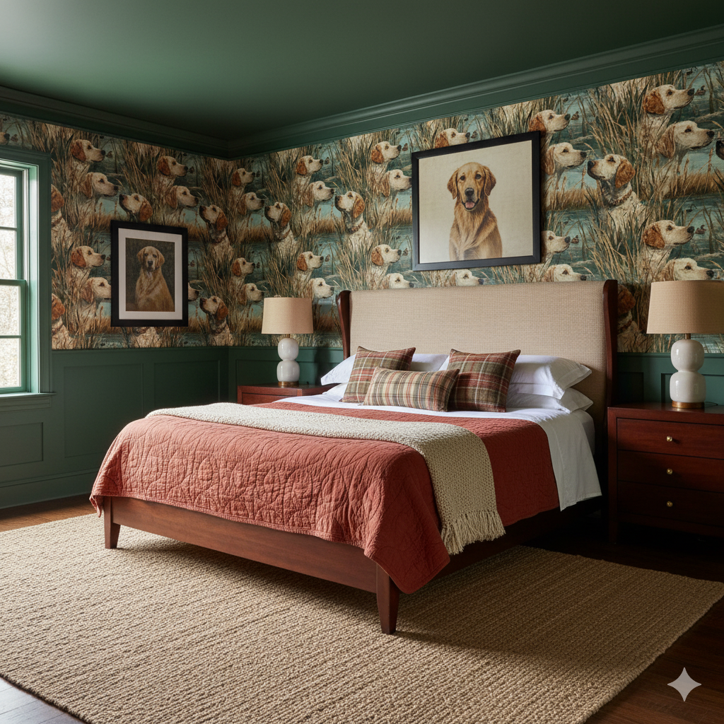 Dog pattern wallpaper with golden retriever portraits in a bedroom with green trim.