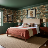 Dog pattern wallpaper with golden retriever portraits in a bedroom with green trim.