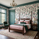 Floral vine wallpaper with roses, in a bedroom setting.
