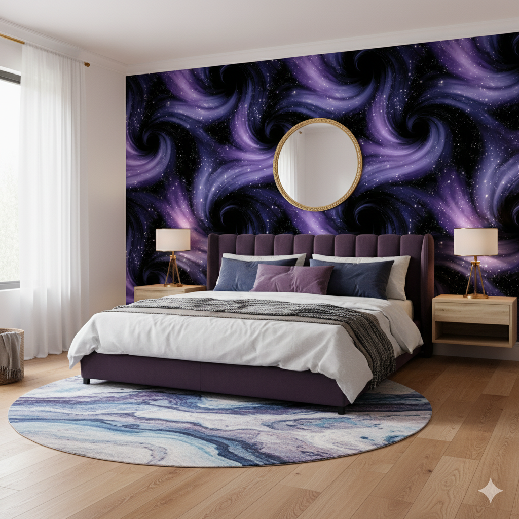 Eventide Spirals Wallpaper with purple swirling pattern over black background.