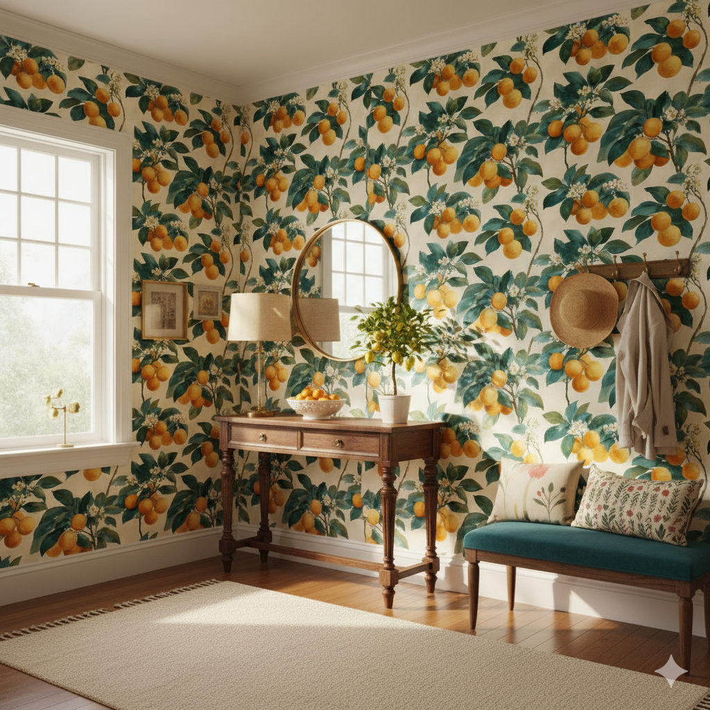 Amalfi Gold wallpaper with an orange tree pattern on a cream-colored background.
