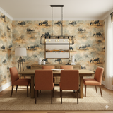 Cattlebrush Crossing wallpaper with a textured pattern of grazing cattle on a warm, neutral background.
