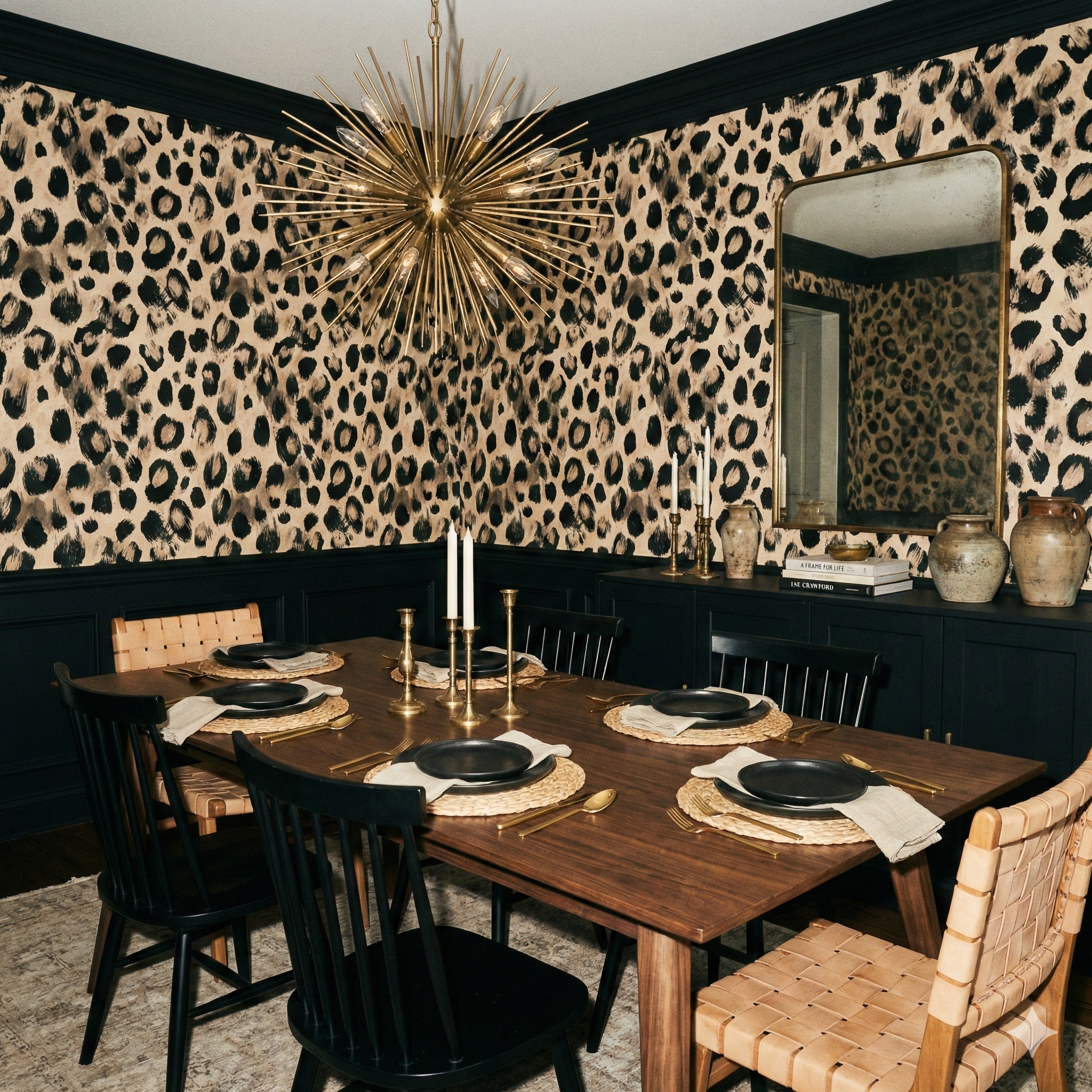 Leopard print wallpaper with black trim details, and a gold mirror in a dining room.