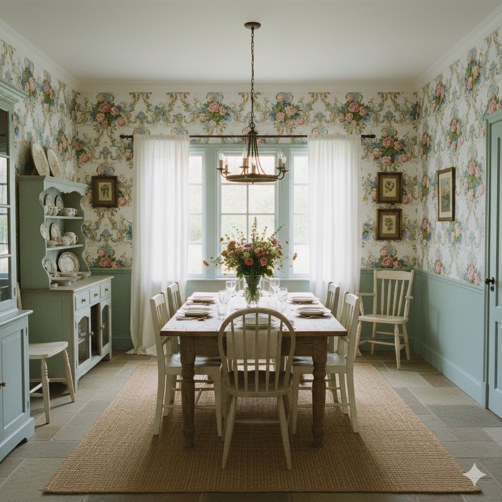Floral Jardin du Ciel Wallpaper with floral patterns, styled in a traditional dining room.
